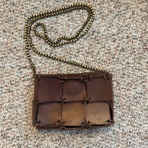 Free people brown leather brass metal chain purse